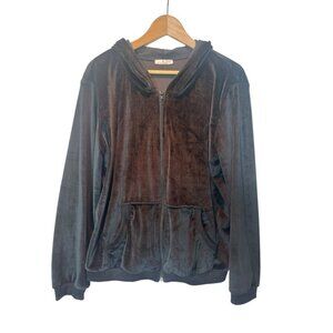 HT XXL Black Velvet Zip-Up Hoodie Jacket – Soft Plush Y2K Aesthetic Loungewear